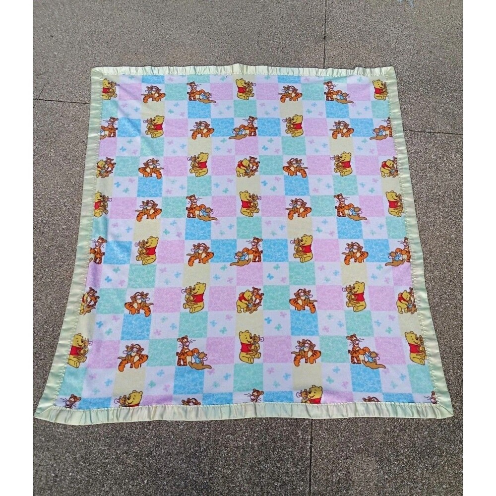 Vintage Winnie The Pooh Fleece Blanket Handmade Yellow Satin Trim READ